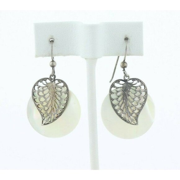 Sterling Silver Mother of Pearl with Sterling Leaf Earrings Dangle Drop Earrings - Picture 1 of 7